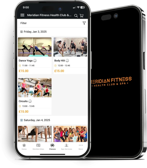 Meridian Fitness & Health Club Classes Mobile App View